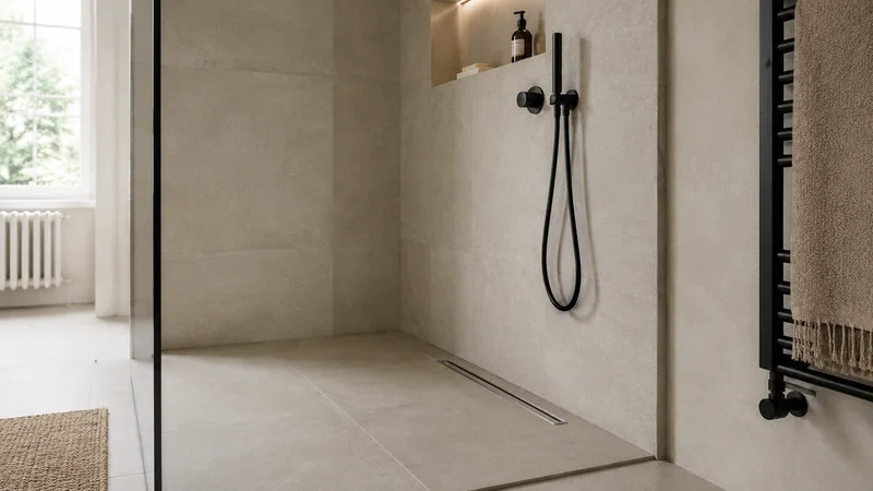 Dusche statt Wanne in Leipzig: bodengleiche Dusche mit Linienablauf hinter einer Glaswand