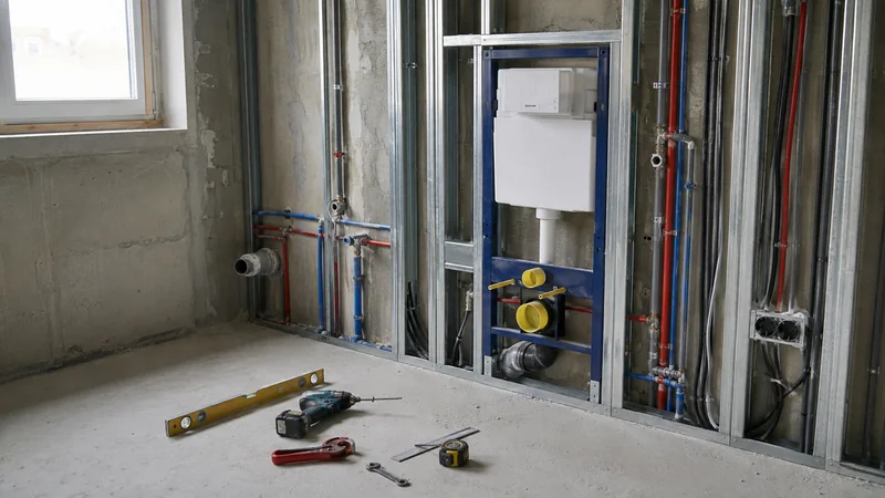 Badumbau Leipzig: Rohinstallation mit Vorwandelement und neu verlegten Wasserleitungen