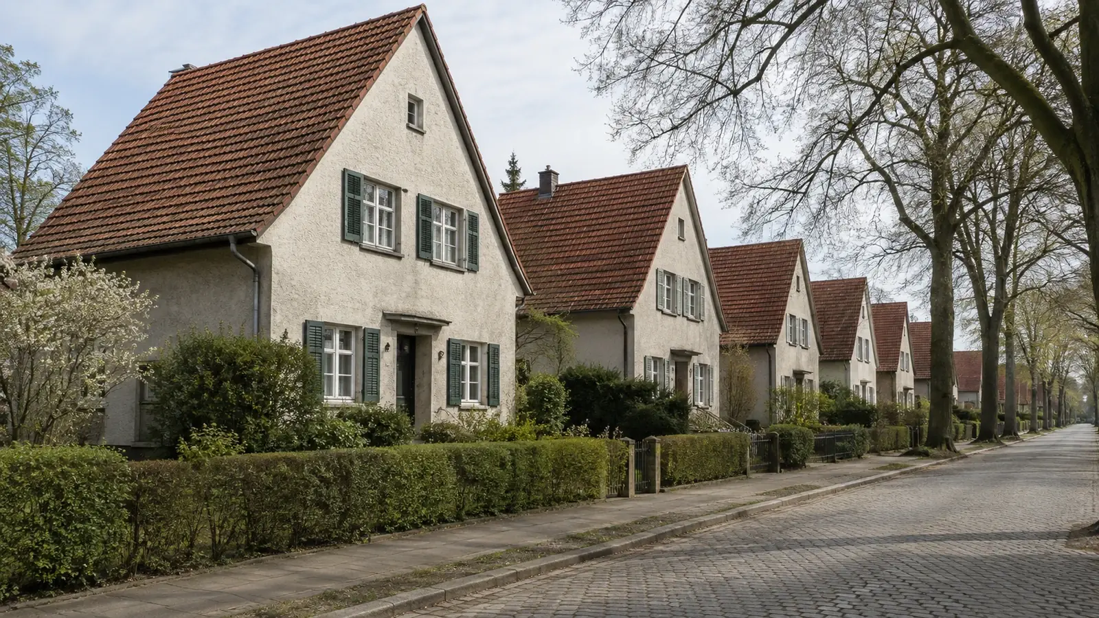 Siedlungshaus der zwanziger Jahre mit Satteldach und Vorgarten