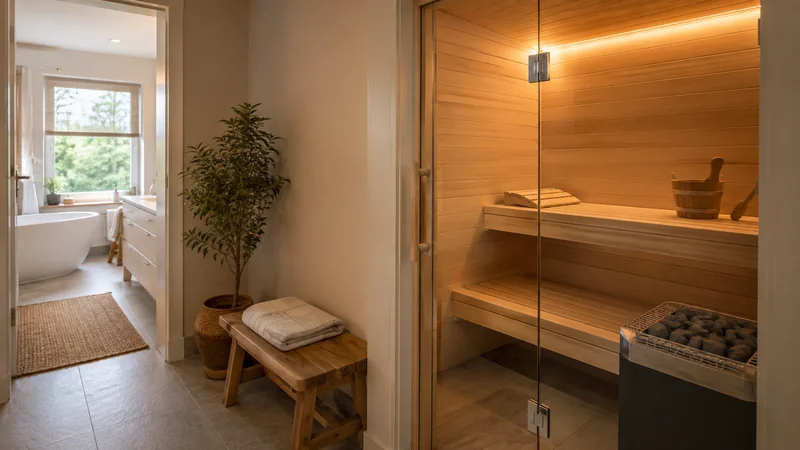 Sauna im Bad: Holzkabine, in das Badezimmer eingebaut