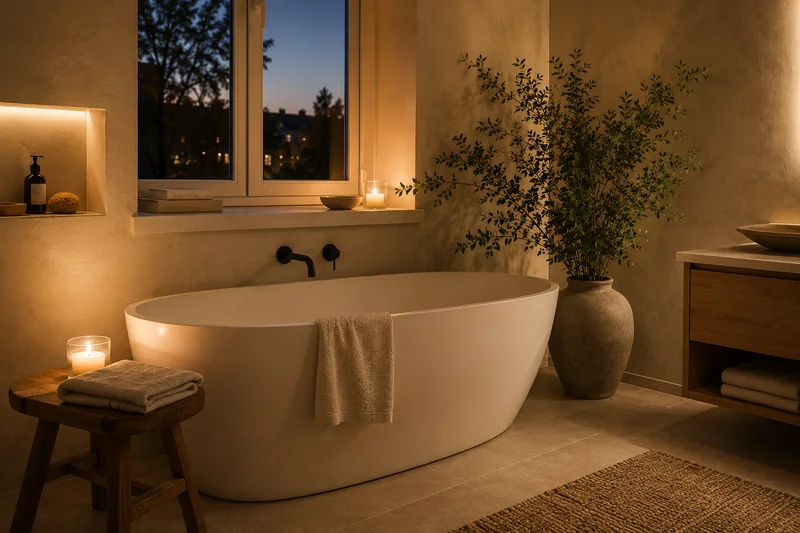 Wohlfühlbad in Leipzig: freistehende Badewanne am Fenster im Abendlicht