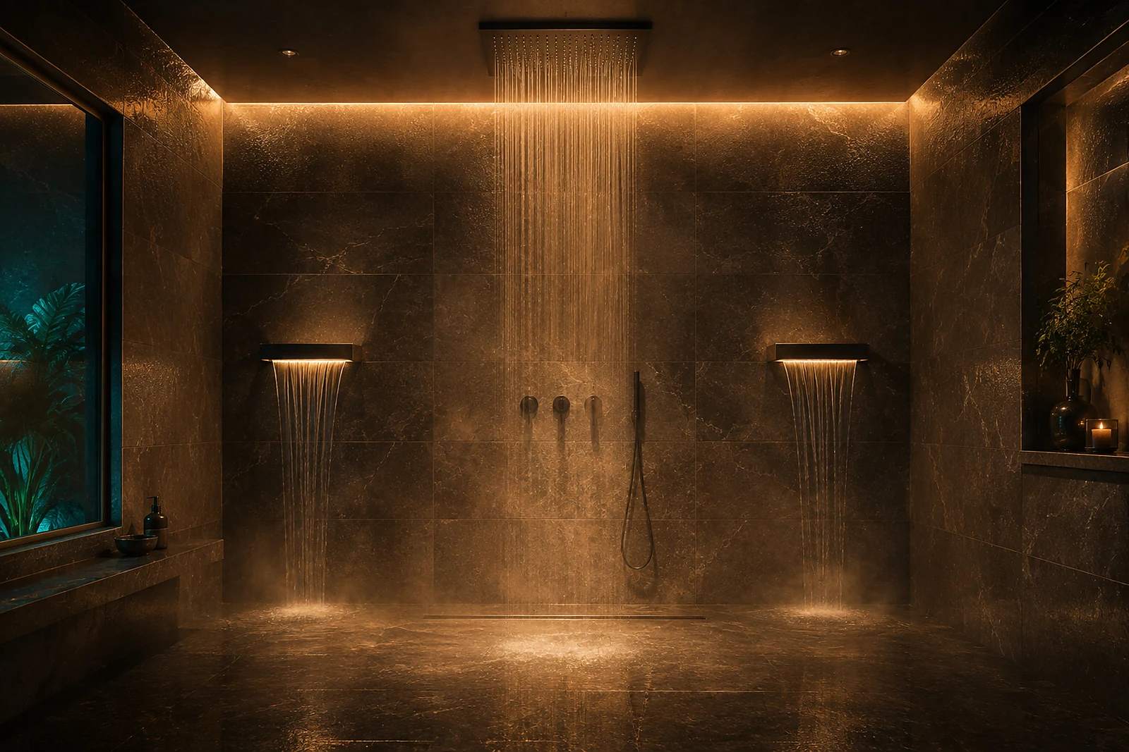 Regendusche mit farbigem Licht und seitlichen Schwalldüsen