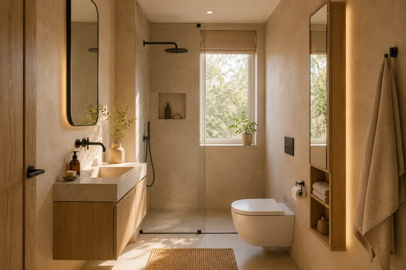 Kleines Bad mit vier Quadratmetern: schmaler Waschtisch, Spiegelschrank und ebenerdige Dusche