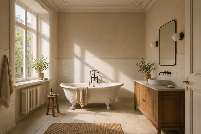 Badsanierung im Altbau: Bad mit hoher Stuckdecke und freistehender Wanne