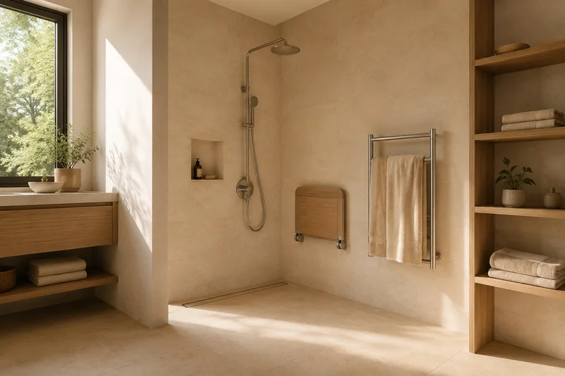 Förderung für den Badumbau in Leipzig: schwellenlose Dusche mit Klappsitz und Haltegriff