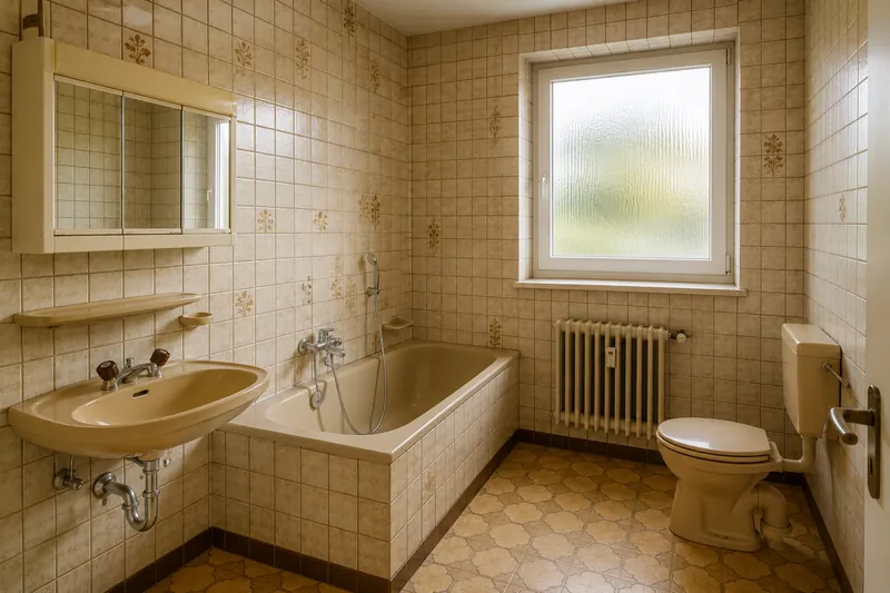 Asbest im Bad: unsaniertes Badezimmer der siebziger Jahre mit alten Fliesen