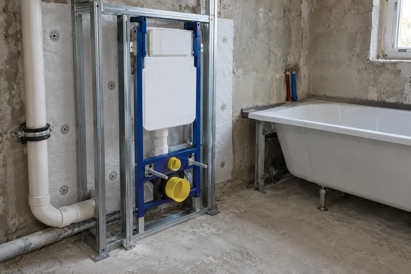 Schallschutz im Bad: gedämmte Vorwand mit Spülkasten, schallentkoppelte Wanne und Fallrohr mit Dämmschelle